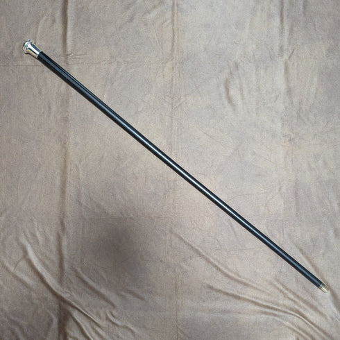 1924 British Vintage Men's Walking Stick, Sterling Silver, Round Handle, Black Shaft, 91.5cm